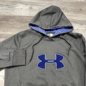 Under Armour Gray Blue Mens L‎ Big Logo Storm Fleece Cold Gear Pullover Hoodie